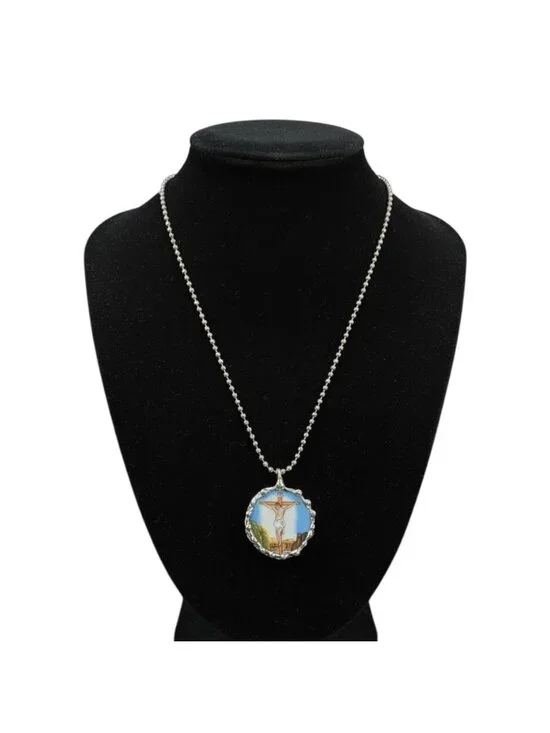 Broken China Crucifix Pendant - Silver Blend Cabochon Necklace | Alma Antigua - Picture 2 of 10